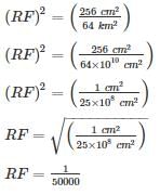 An area of 64 square kilometer is represented by 256 square centimeters ...