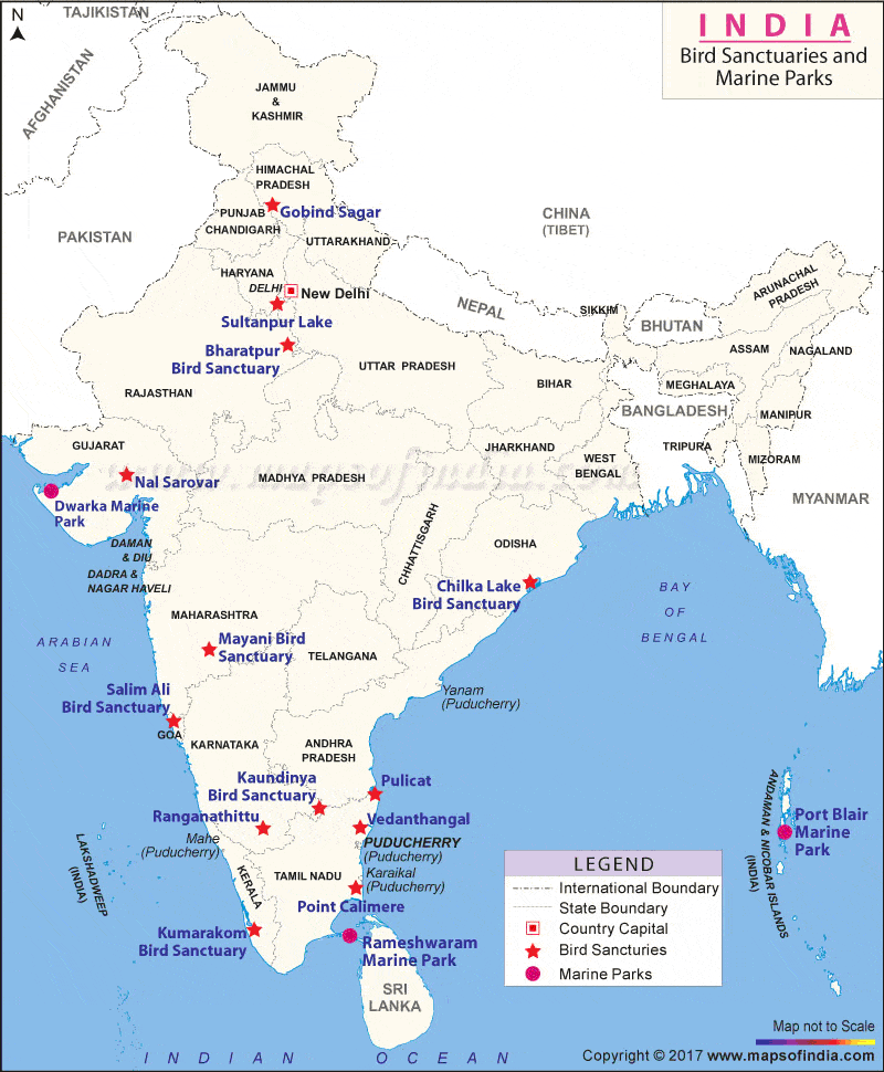 Map of Bird Sanctuaries in India
