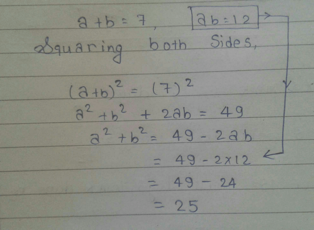 If A+b=7 And Ab=12 ,find The Value Of A^2+b^2? - EduRev Class 9 Question