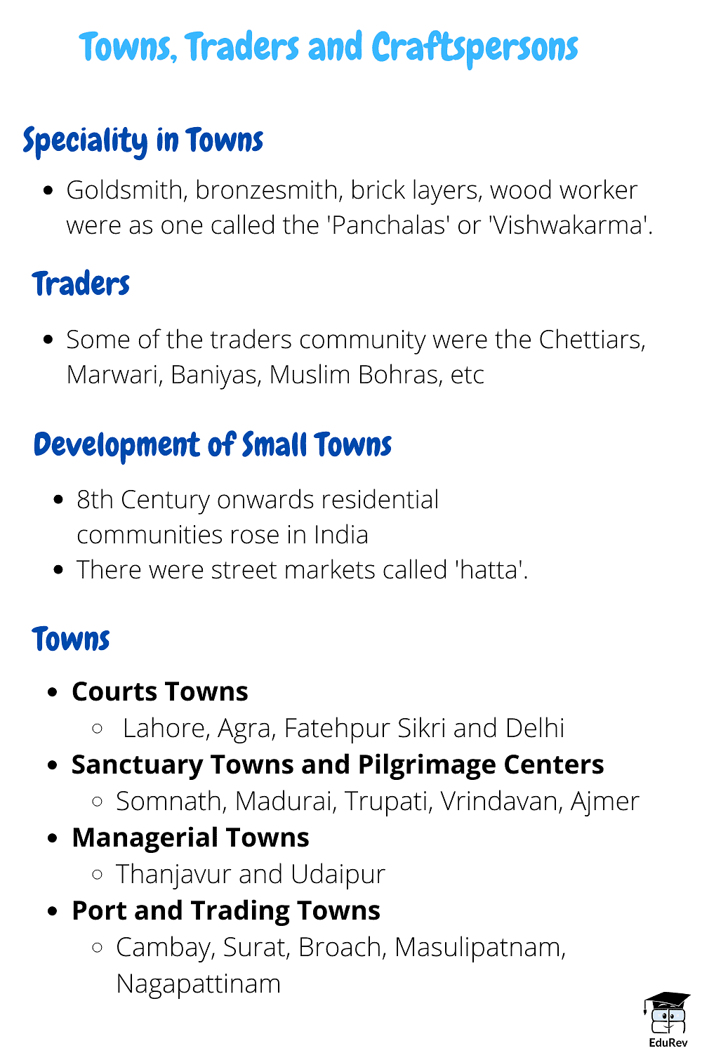 Mindmap: Towns, Traders and Craftspersons - Notes | Study Social Studies (SST) Class 7 - Class 7
