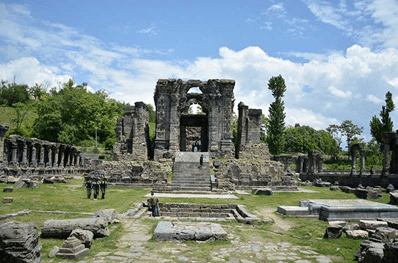 Martand Sun Temple (Left) and Artistic recreation of Martand Temple (right)