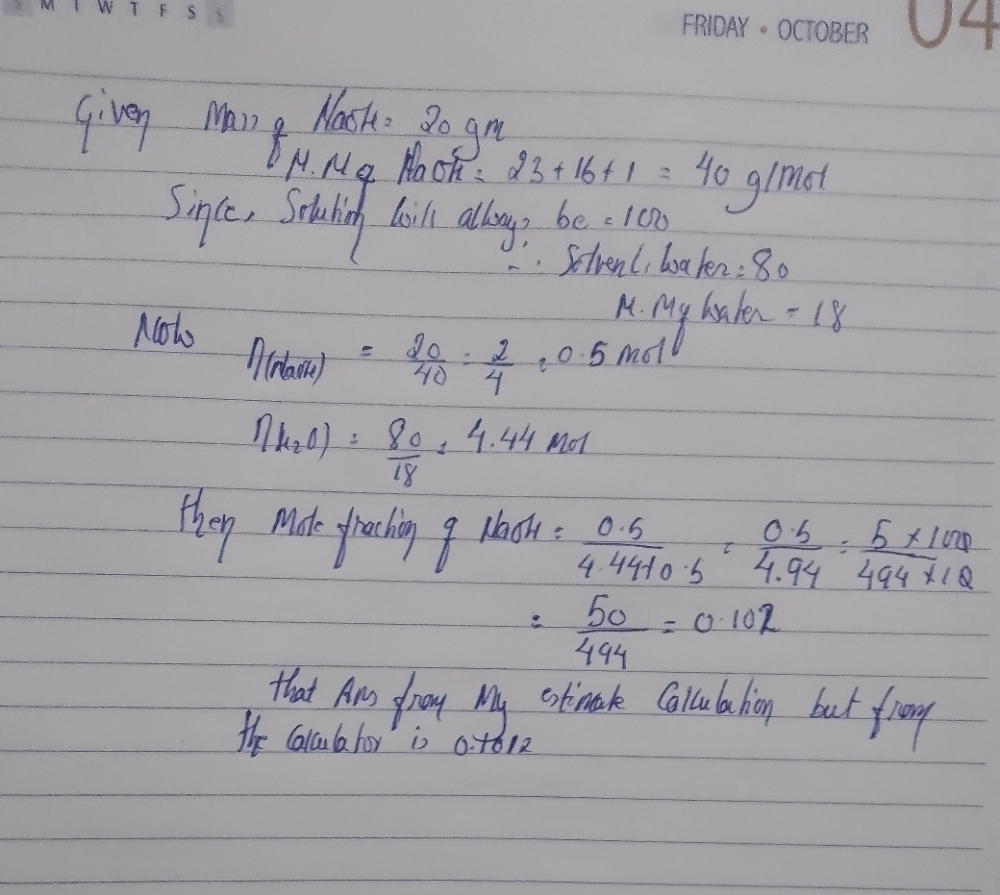 20%w/w solution of NaOH present in container. Calculate mole fraction