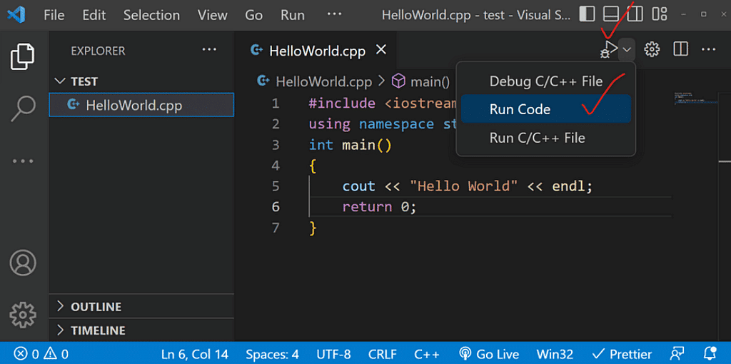 This is how you can run any C/C++ program from VS Code/Insiders 