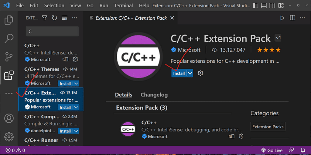 Install C/C++ Extension Pack
