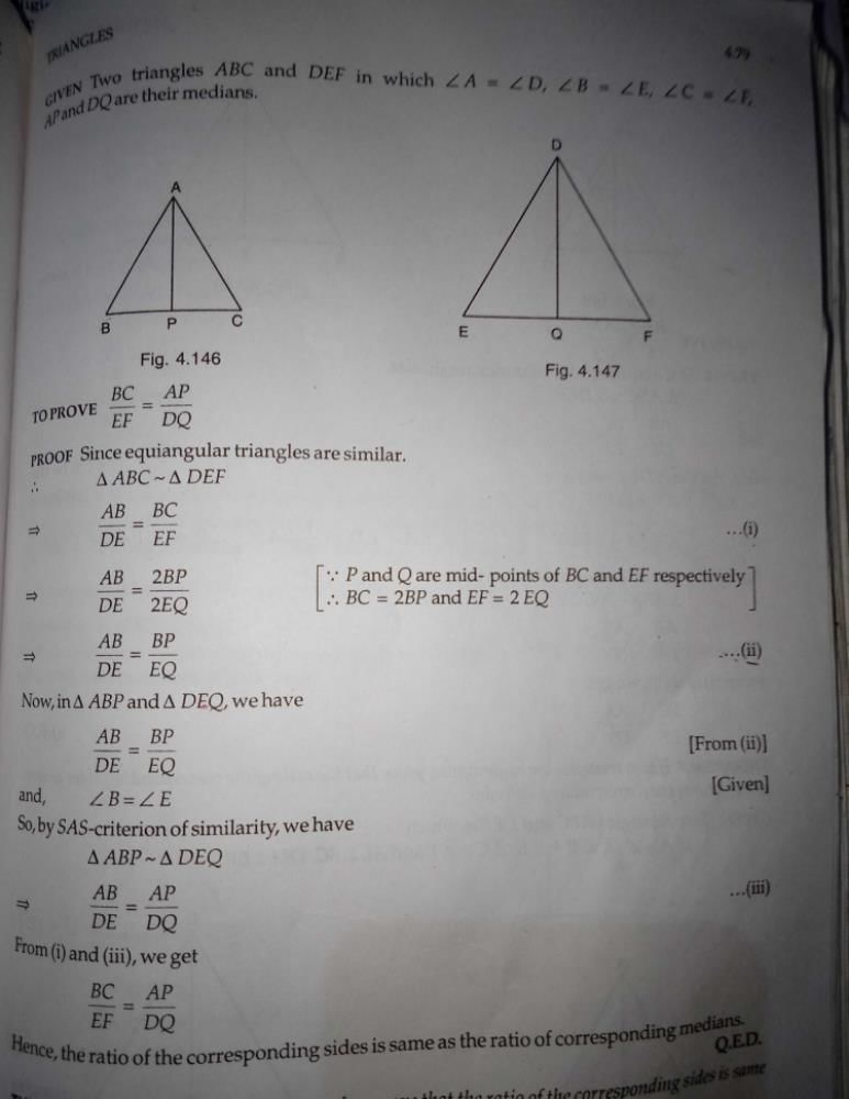 Prove that if two triangles are equiangular, the ratio of the