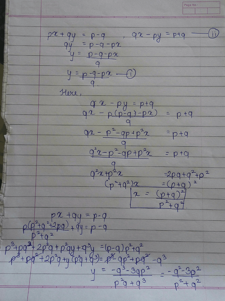 Give Equation Px Qy P Q Qx Py P Q Find And By Substitution Edurev Class 10 Question
