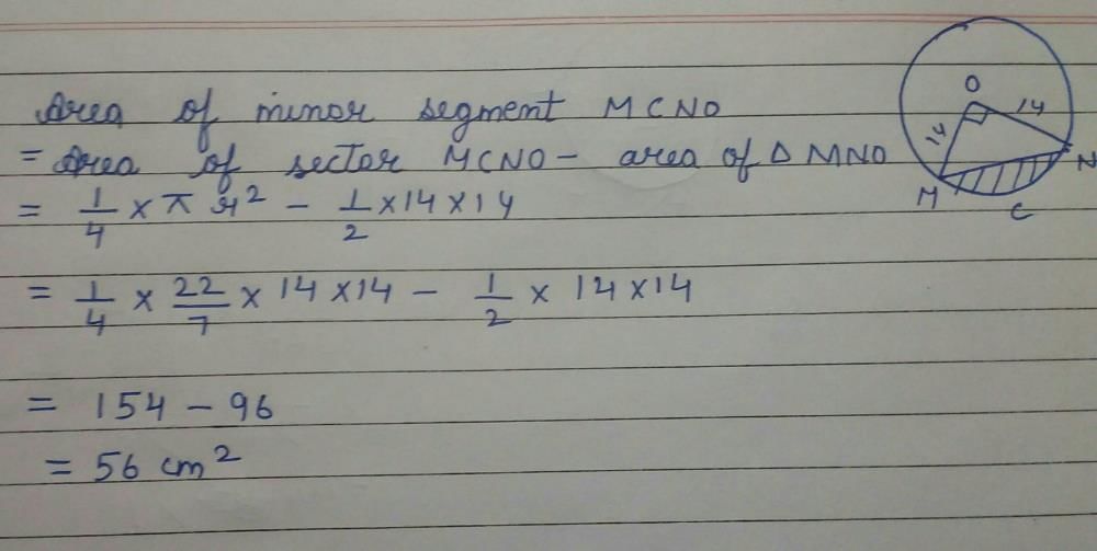 MN is a chord of a circle of radius 14 cm. Chord MN subtends a right ...