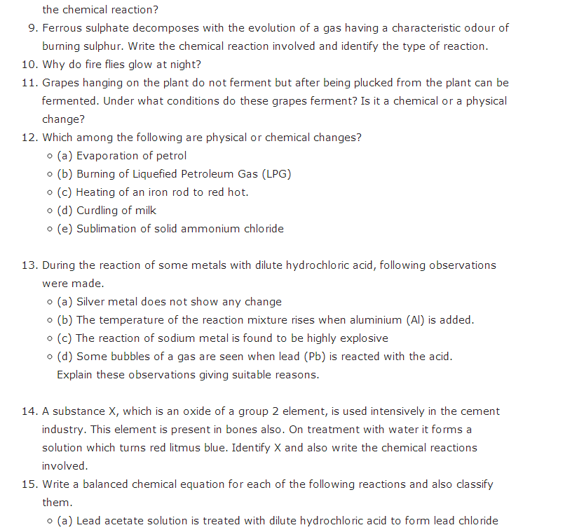 Chemical equation and reaction extra question Class 10 PDF Download