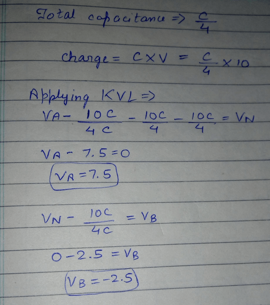 Four identical capacitors are connected in series with a 10 V battery