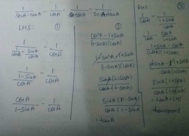 Prove That 1seca Tana 1cosa 1cosa 1secatana Edurev Class 10 Question 