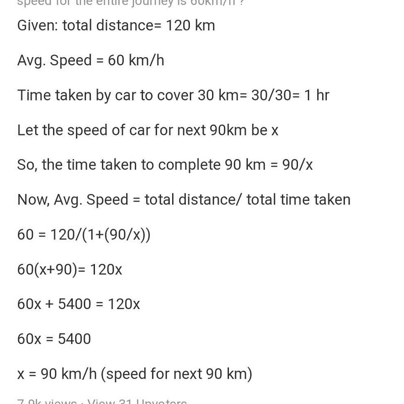 A car travels first 30km at a constant speed of 30km/h . if total