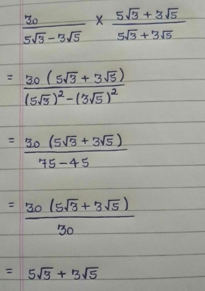 Rationalize the denominator of 30/ 5√3−3√5? | EduRev Class 9 Question