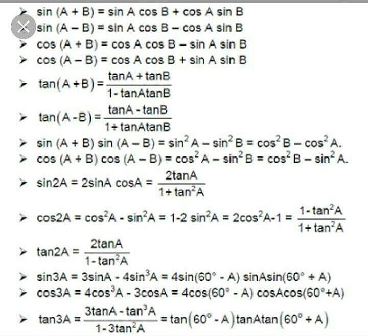 trigonometry formulas for class 12