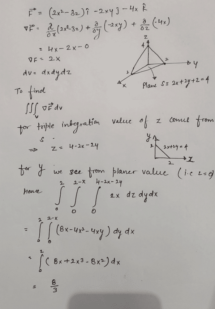 If F 2x 2 3z I Cap 2xy J Cap 4x K Cap Then Evaluate Triple Integral Of Del F Where V Is Bounded By The Plane X 0 Y 0 Z 0 And 2x 2y