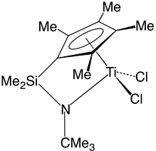 A constrained geometry complex. Such precatalysts are used for the production of polyolefins such as polyethylene and polypropylene.
