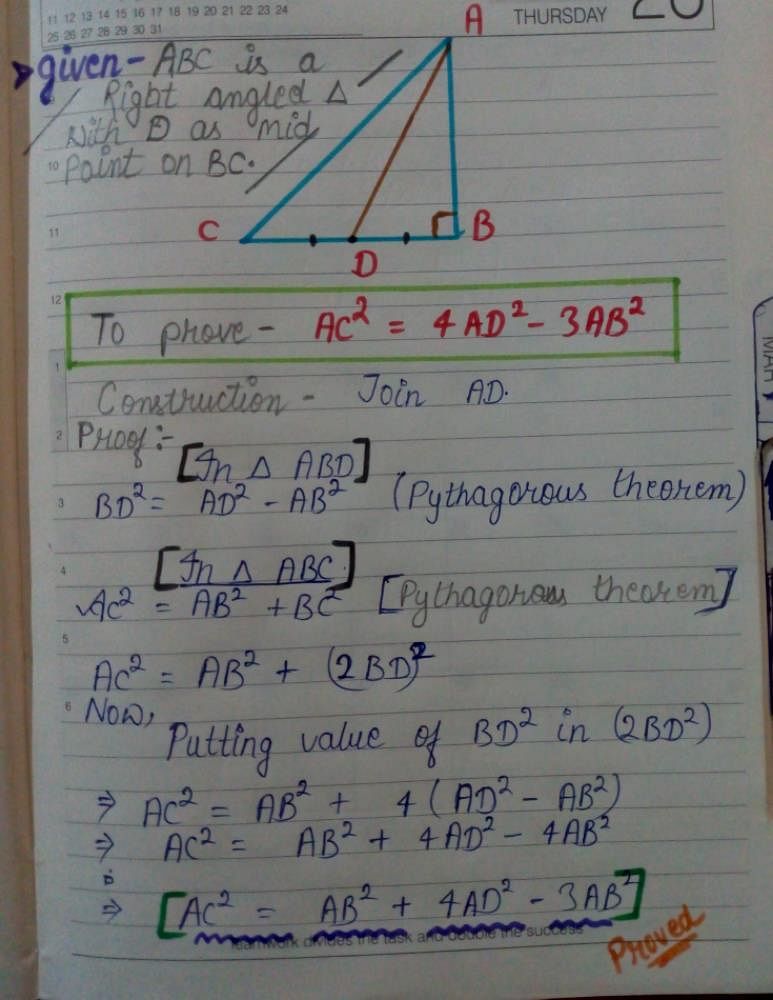 A Triangle Abc Right Angled At B And D Is Midpoint Of Bc Prove That Ac24ad2 3ab2 Edurev 2132