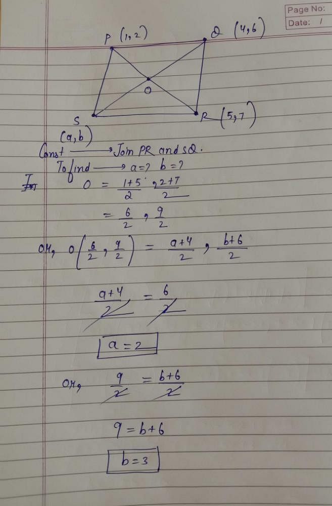 If P 1 2 Q 4 6 R 5 7 S A B Are The Vertices Of Parallelogram Pqrs Then Find The Values Of A And B Edurev Class 10 Question