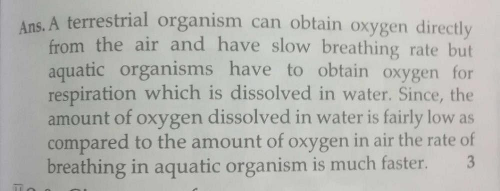 The rate of breathing in aquatic organisms is much faster than that seen in  terrestrial  reason.? | EduRev Class 10 Question