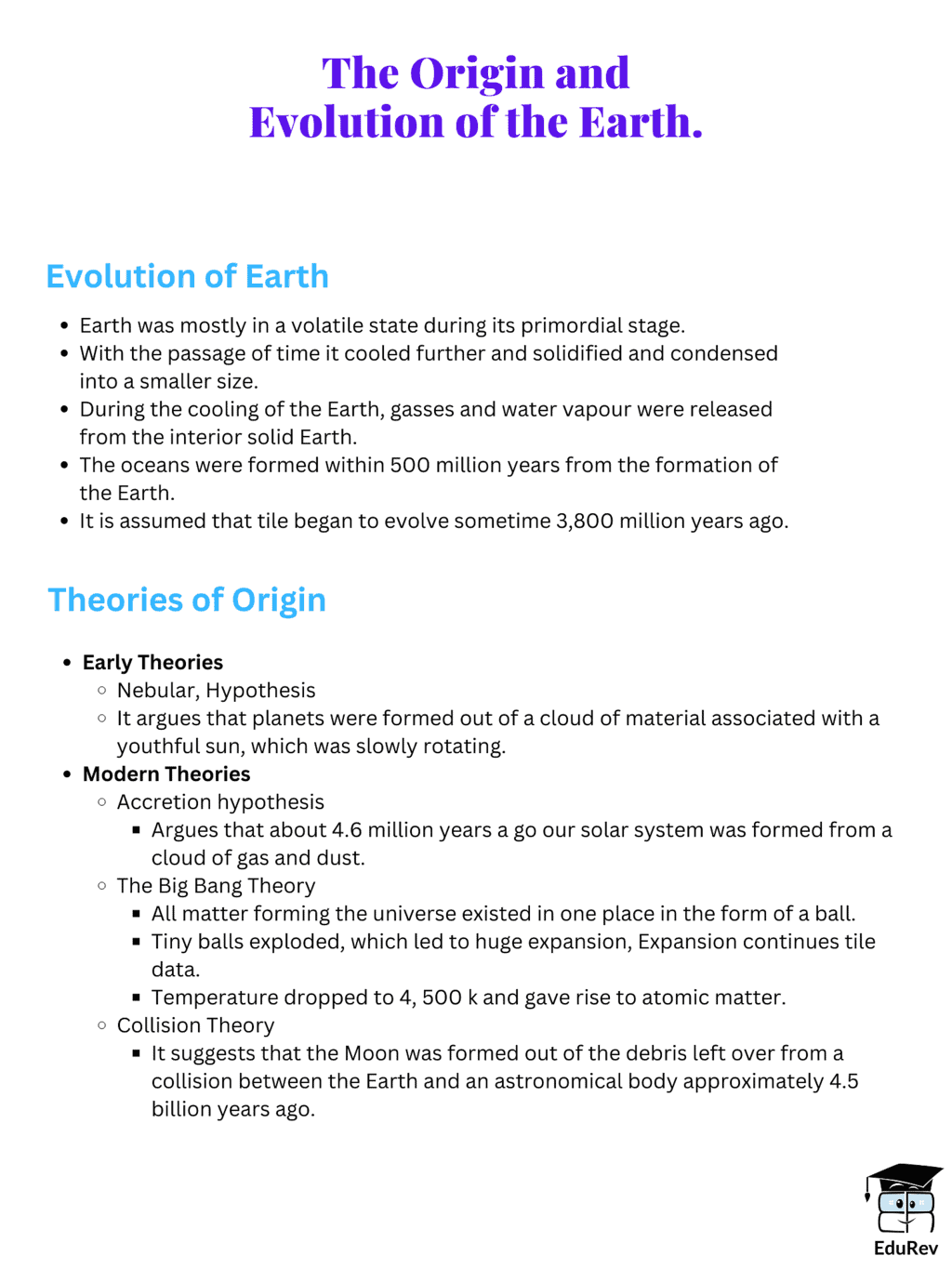 Mind Map The Origin and Evolution of the Earth Geography Class 11
