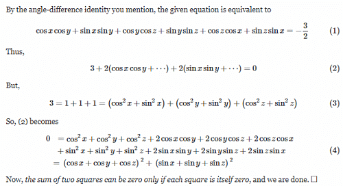 If Cos Y Z Cos Z X Cos X Y 3 2 Then Prove That Cosx Cos Y Cos Z 0 And Sin X Sin Y Sinz 0 Edurev Class 11 Question