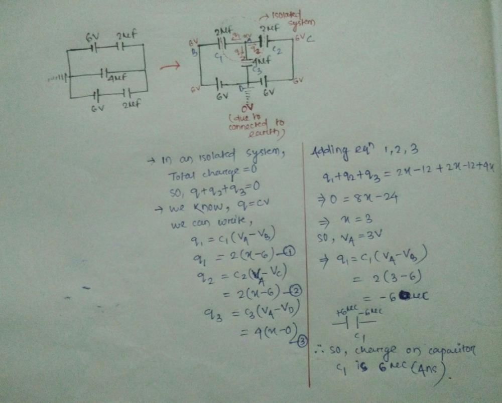 Three capacitors are connected as shown in figure.find the charge on