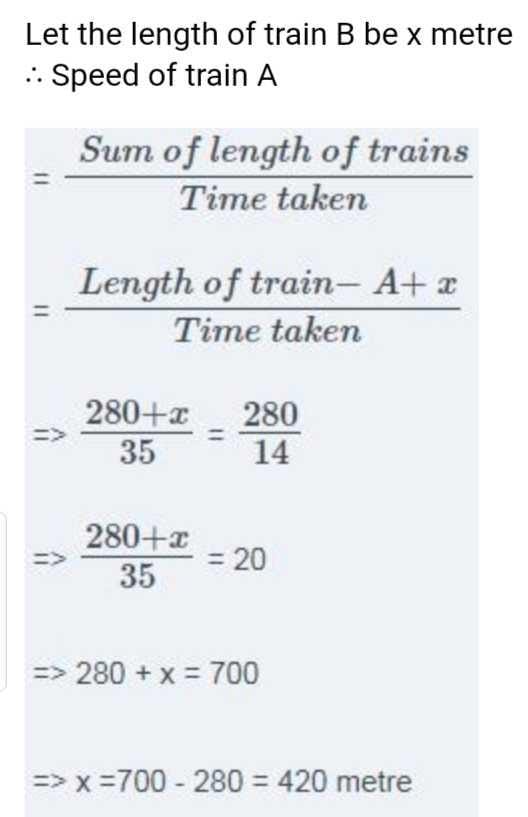 Train A crosses a stationary train B in 35 seconds and a pole in 14