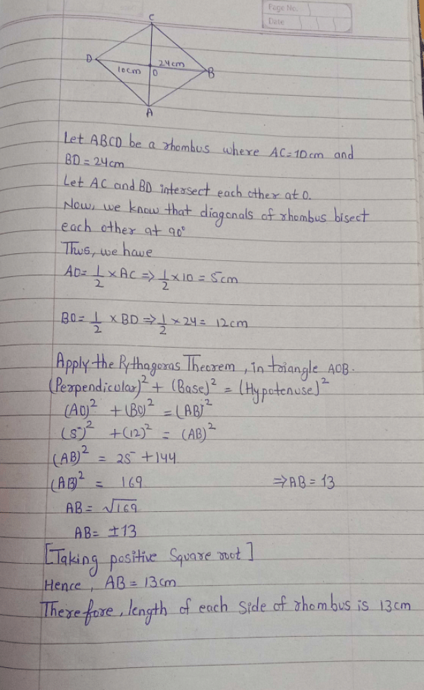 The length of the sides of a rhombus whose diagonals are of length 24 ...