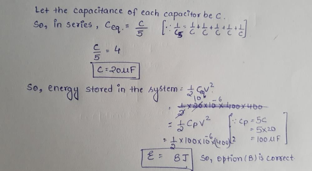 Five equal capacitors connected in series have a resultant capacitance