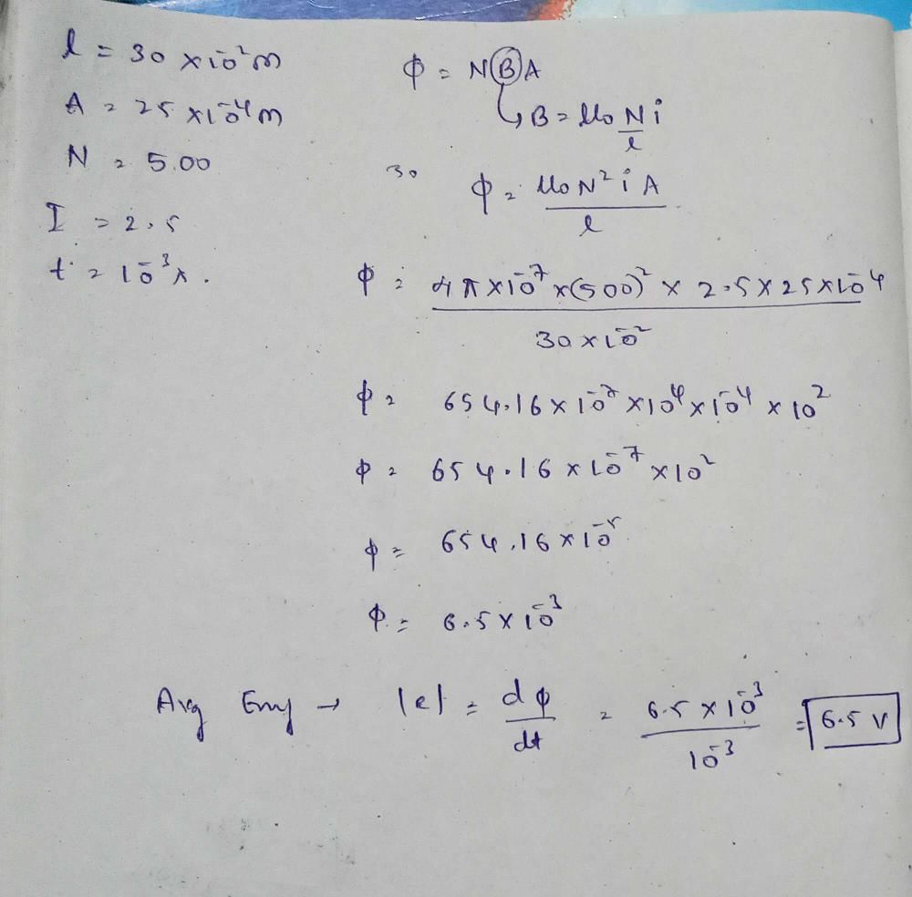An aircored solenoid with length 30 cm, area of crosssection 25cm2and