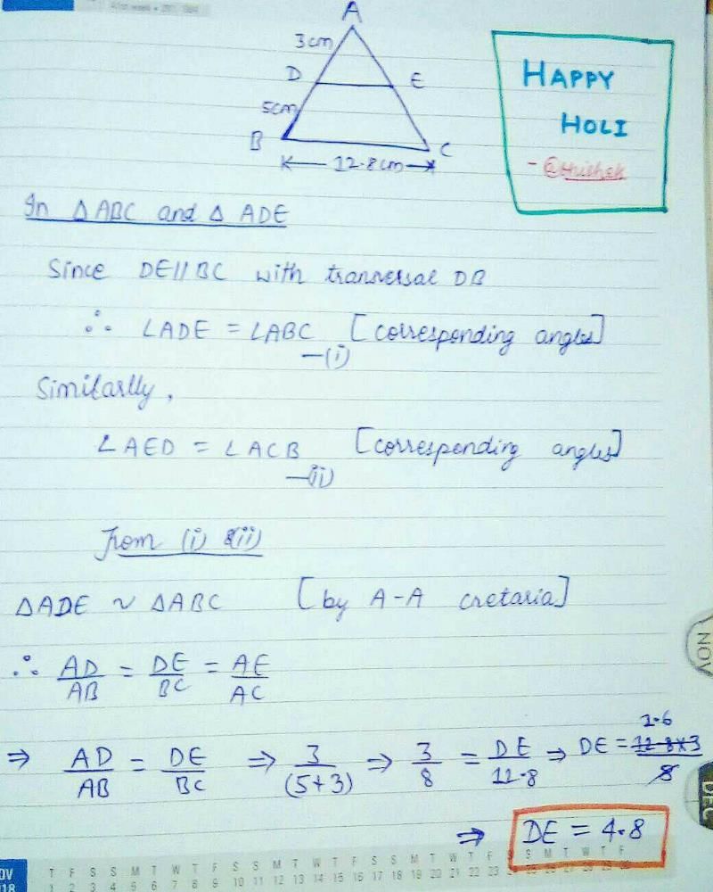 D And E Are Respectively The Points On The Sides Ab And Ac Of A Triangle Abc Such That Ad 3 Cm 7365