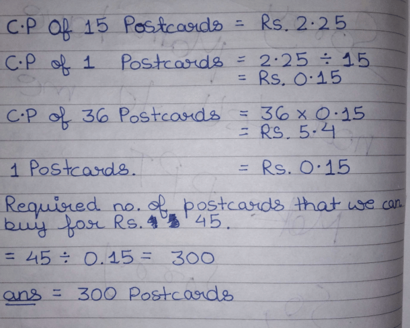 Fifteen postcards costs RS.2.25.what will be the cost of 36 postcards