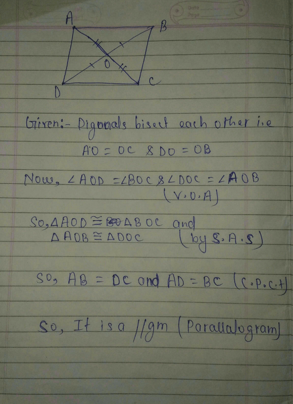 If A Diagonal Ac And Bd Of A Quadrilateral Abcd Bisect Each Other Then Abcd Is Aarectangleb 3228