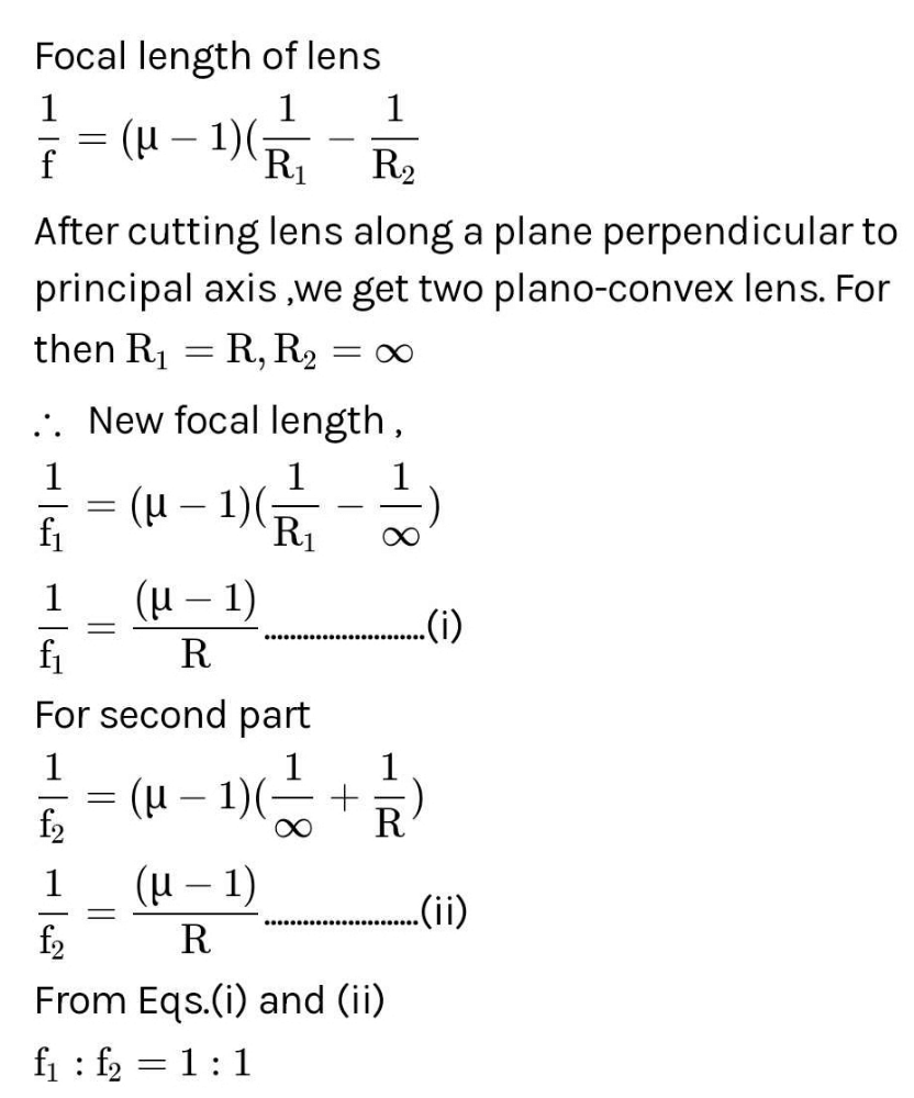 An equiconvex lens of glass of focal length 0.1 m is cut along a plane andperp; er to principal