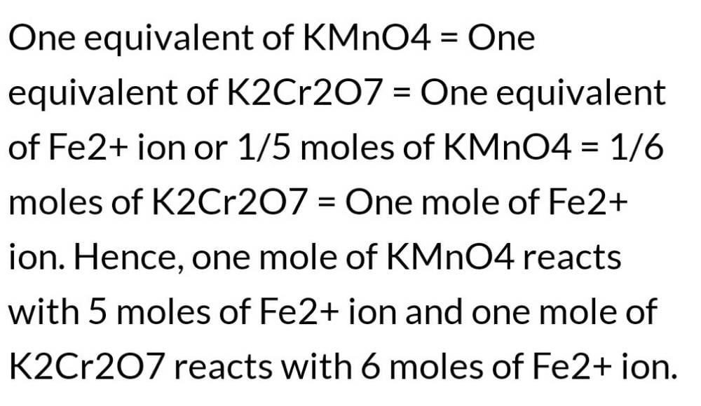 One Mole Of Each Kmno4 And K2cr2o7 Can Oxidise Moles Of Ferrous Ion A 5 And 5b 5 And