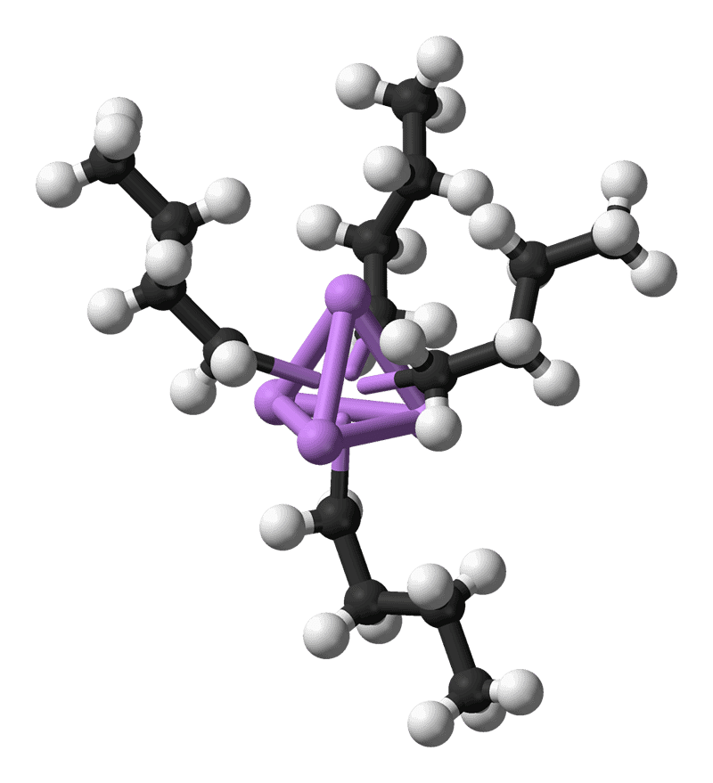 n-Butyllithium, an organometallic compound. Four lithium atoms (in purple) form a tetrahedron, with four butyl groups attached to the faces (carbon is black, hydrogen is white). 