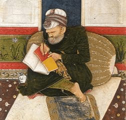A painting of a scribe making a copy of a manuscript. 