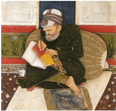 A painting of a scribe making a copy of a manuscript