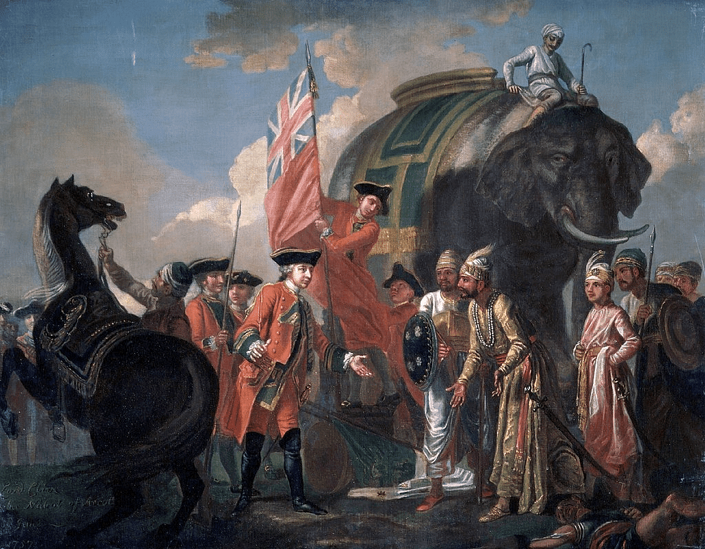 An oil-on-canvas painting depicting the meeting of Mir Jafar and Robert Clive after the Battle of Plassey 