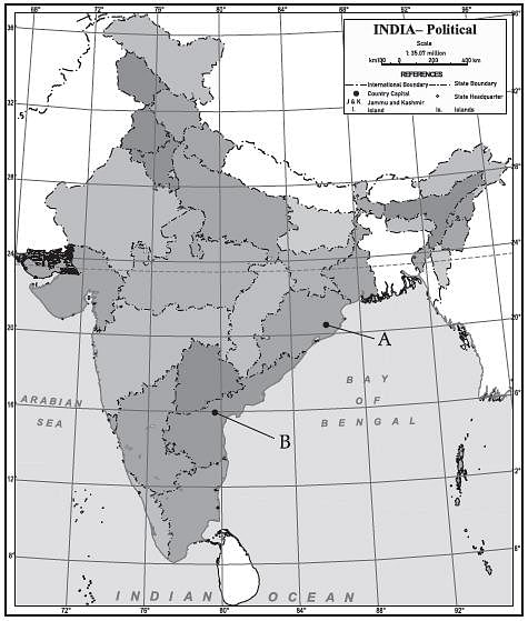 Rana Pratap Sagar Dam On Political Map Of India On The Given Outline Map Of India, Identify The Locations With The Help Of  Specified Information.on The Map, Name The Marked (B) Dam Built On Border  Of Andhra Pradesh And Telangana.a)Nagajurna Sagarb)Salalc)Rana