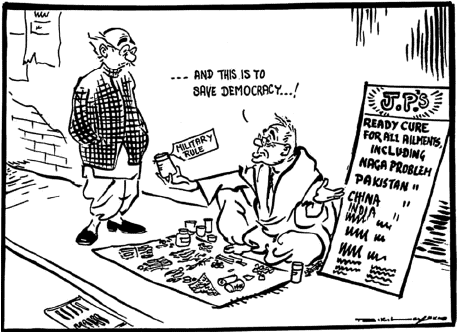 Study the cartoon carefully and give the answers to the question that  follows:Q. What does this picture depict?a)Military rule as the only  solution to the problems of the countryb)Democracy cannot go parallel