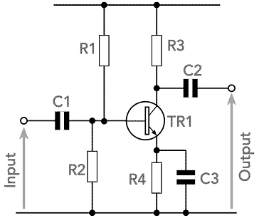 Circuit of a basic common emitter transistor amplifier showing the associated electronic components including resistors an capacitors