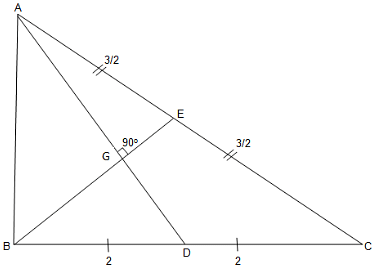 In a triangle ABC, a = 4, b = 3, and the medians AD and BE are mutually  perpendicular to the triangle. Find the value of Δ2 - c2 . (Where 'c